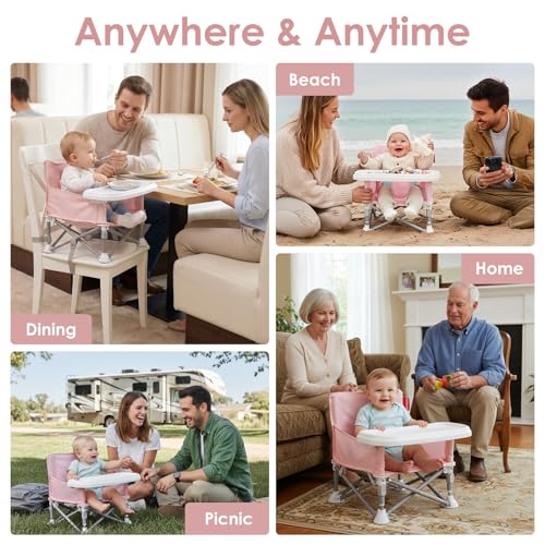 Tiny Marvels Portable Booster Seat, Foldable Baby High Chair with Removable Tray, Safety Harness & Carry Bag – for Toddlers Ages 6M-3Y, Ideal for Dining, Travel, Camping & Family Time - color: Pink