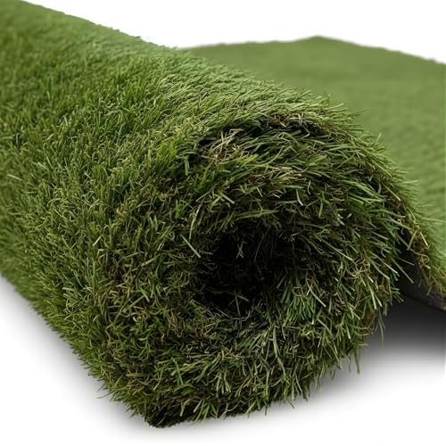 Ottomanson 2'7" x 6' Artificial Faux Grass Rug - Realistic Turf with UV Protection - Perforated for Easy Drainage - Durable, Hose-Off Synthetic Lawn Carpet for Indoor & Outdoor Use, Green - size: 6-ft