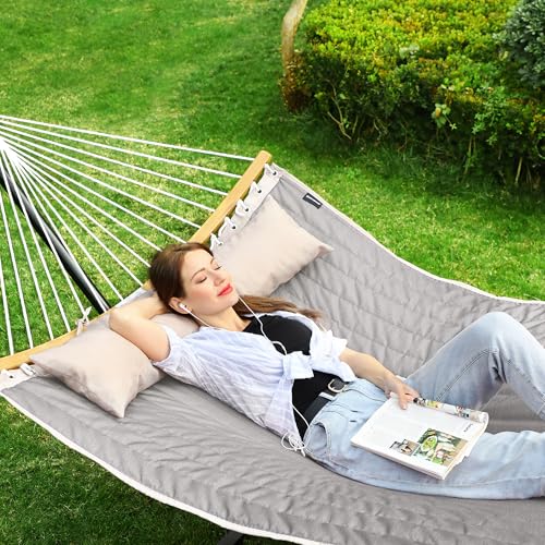 SONGMICS Hammock, Quilted Hammock with Curved Bamboo Spreaders, Pillow, 78.7 x 55.1 Inches, Portable Padded Hammock Holds up to 495 lb, Gray and Beige UGDC34CG - color: Gray + Beige