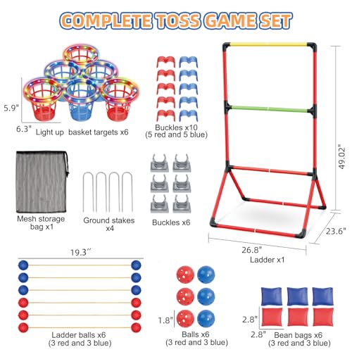 Backyard Lawn Games for Adults Kids - 3-in-1 Yard Pong with 6 Light Up Basket, Ladder Ball and Bean Bag Toss Game - Outdoor Yard Tailgate Game for Family Parties