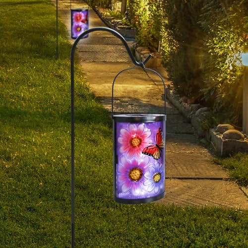 Hanging Solar Lantern Outdoor Waterproof Flowers Butterfly Solar Lights Glass Tabletop Decorative Lamp for Outdoor Patio Garden Outside Yard Decor - style: Flower and Butterfly
