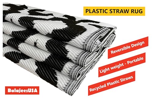 Outdoor Plastic Rugs - 6x9 Black, Reversible Recycled Plastic Straw Indoor Outdoor Patio Rugs Clearance Waterproof Large RV Camper Mats Outside 521 - color: Black, White, size: 6' x 9' (Rectangular)