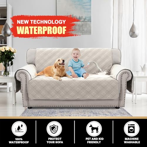 PrinceDeco 100% Waterproof Loveseat Covers for 2 Cushion Couch Sofa Covers Waterproof and Washable Sofa Slipcover with Side Pocket Furniture Protector with Elastic Straps(Loveseat 48", French Oak) - color: French Oak, size: Loveseat
