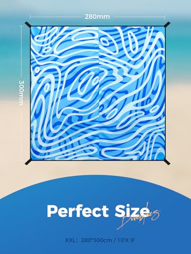 Diveblues Beach Blanket Oversized Extra Large 110" * 118"/ 9 * 10 Ft,Beach Mat Waterproof Sandproof,Soft and Durable, Picnic Mat for Travel Camping, Beach Vacation,4 Stakes & 1 Travel Bag - color: Cerulean Tides