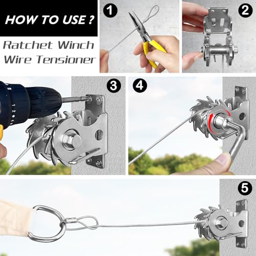 43 Pcs Shade Sail Hardware Kit with Ratchet Winch Wire Tensioner for Rectangle/Triangle Shade Sail Installation, 304 Grade Stainless for Garden, Outdoors (Winch + Hardware Kit + Cables) - size: 43 Pcs Winch Hardware Kits