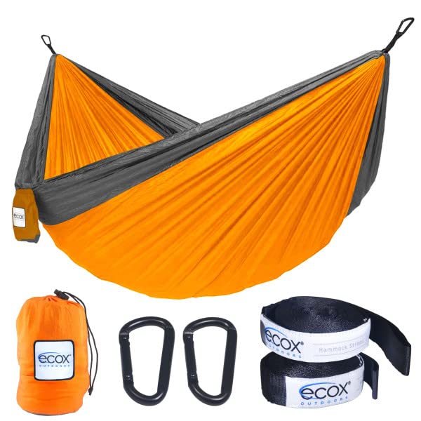 ecox Outdoors Parachute Hammock Single with 2 Tree Straps, Portable Lightweight Nylon Comfortable for Backpacking, Camping, Travel, Beach, Backyard, Patio, Hiking - color: Orange-grey