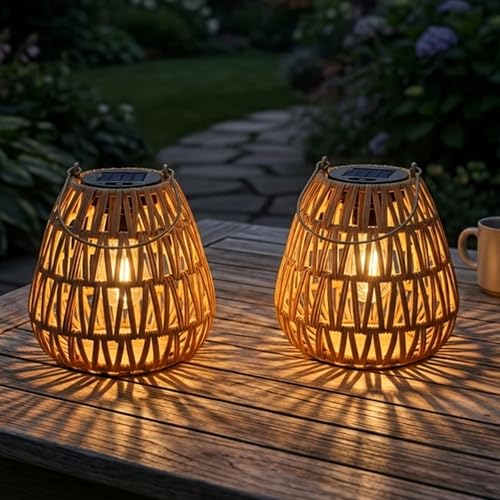 2 Pack Solar Lights Outdoor Waterproof, Rattan Solar Lantern, Hanging Outdoor Solar Lights for Yard, Outdoor Solar Lanterns Decorative, Garden Lights Solar Powered for Tree, Patio, Table Lantern Decor - size: 2 Pack-Light Brown