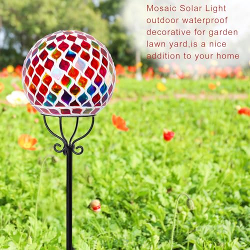 VCUTEKA Solar Outdoor Lights Garden Decor Mosaic Solar Garden Lights Waterproof Glass Ball LED Pathway Stake Light for Landscape Lawn Patio Yard Decoration 6 inch, Red - color: Red
