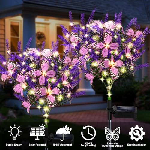 Kohlrabi Solar Garden Lights Outdoor, 2 Pack Solar Butterfly Lights Purple Lavender Gardening Gifts for Women, Artificial Flower with Butterfly Purple Garden Decor for Lawn Patio-Warm White - color: Warm White, size: 2 Pack