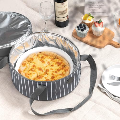 Fun Elements Insulated Casserole Carrier for Hot or Cold Food, 12.5 Inch Pie Carrier with Lid and Handle, Round Food Container for Transport, Grey - style: Classic
