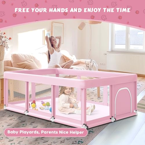 Fshibila 74" ×50" Large Baby Playpen, Baby Playard for Babies and Toddlers, Play Pens for Indoor & Outdoor, Sturdy Safety Play Yard with Soft Breathable Mesh, Anti-Fall, Pink - color: Pink, size: 74 x 50 IN