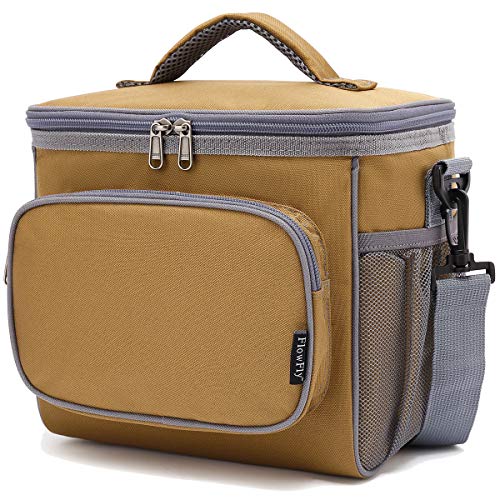FlowFly Insulated Reusable Lunch Bag Adult Large Lunch Box for Women and Men with Adjustable Shoulder Strap,Front Zipper Pocket and Dual Large Mesh Side Pockets,Brown - color: Brown