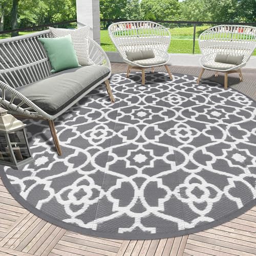HEBE Outdoor Rug Waterproof 8ft, Plastic Straw Rug Camping Rug, Reversible Outdoor Patio Rugs RV Mat Clearance, Indoor Outside Floor Carpet for Porch,Deck,Camper,Balcony,Backyard - color: Grey, size: 8' (Round)