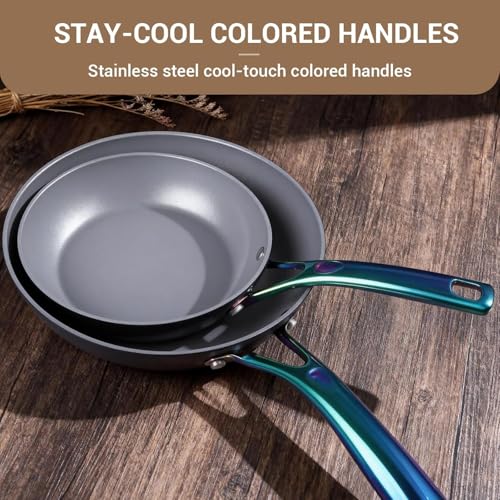 Ammeloo 17 Pcs Ceramic Cookware Set, Induction Pots and Pans Set Non Stick, Premium Colored Stay Cool Handle, Non Toxic PFOA PFOS Free, Oven Safe & Compatible with All Stovetops, Black - color: Fixed Colored Handle