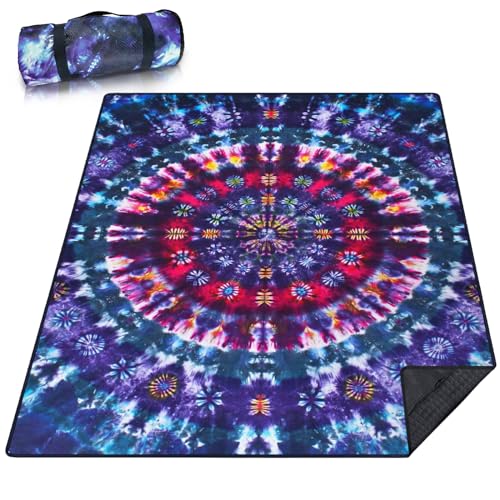 Picnic Blankets Waterproof Large, 80"x 60" Outdoor Beach Blanket Sandproof Foldable Lightweight Portable 3-Layer Camping Mat for Parks,Hiking,Travel,Music Festival,Concerts(Tie-dye) - color: Blue Tie Dye, size: 5' x 6'8" (Rectangular)