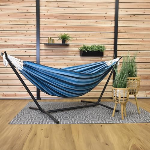 Vivere Double Cotton Hammock with Space Saving Steel Stand, Upgraded Polyester End Strings 450 lb Capacity - Premium Carry Bag Included - USA Grown Cotton (Blue Lagoon) - color: Blue Lagoon