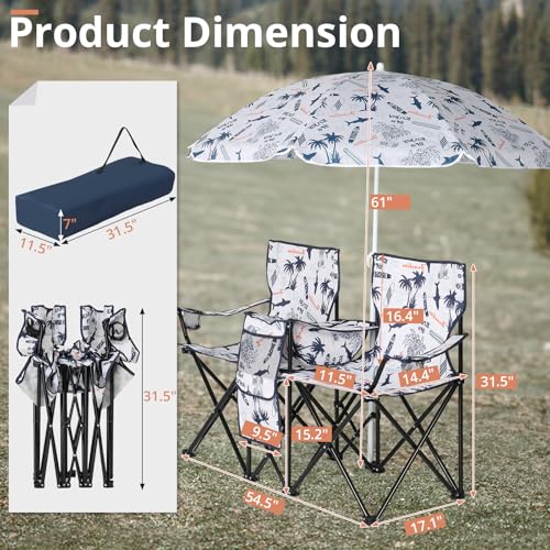 Outvita Folding Double Camping Chair w/Umbrella Beverage Holder Carrying Bag Cooler Fold Up Table, Large Bearing Capacity for Beach Patio Pool Park Outdoor Shark Pattern - color: Shark Pattern