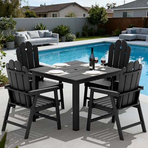 5-Piece Patio Dining Set, Outdoor Dining Set for 4, HDPE All-Weather Outdoor Furniture with 35.43” Umbrella Hole Table, 4 Armchairs, Black - color: Black, size: 4 Armchairs