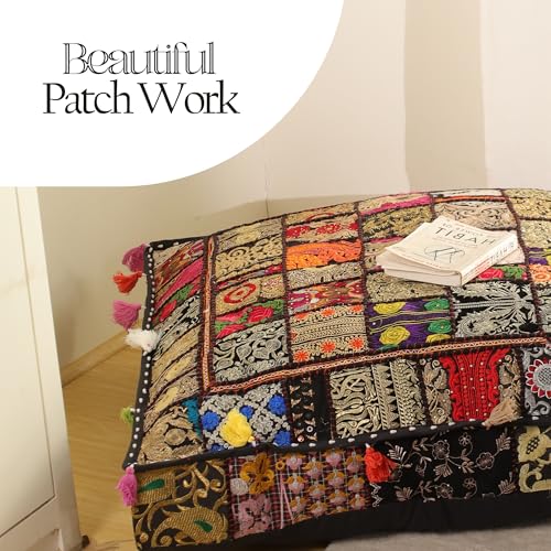 THE ART BOX Cotton Patchwork Vintage Boho Embroidered Floor Pillows & Cushion Cover Dog Pouf Seating Pouf Meditation Pillow Pet Bedding Cat Bed Boho Home Décor (35x35 Inches, Cover Only) - color: Black