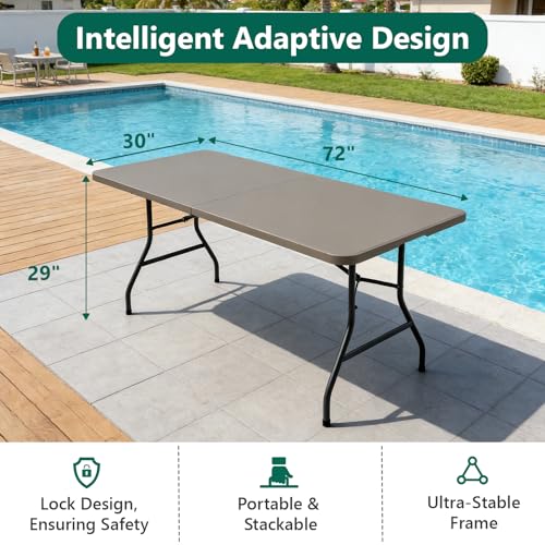 Folding Table 6ft - Heavy Duty Plastic Table with Handle, Foldable & Portable, Fold-in-Half Utility Tables for Outdoor, Dining, Wedding, Events, Indoor, Picnic, Camping, Party (Khaki) - color: Khaki, size: 6ft