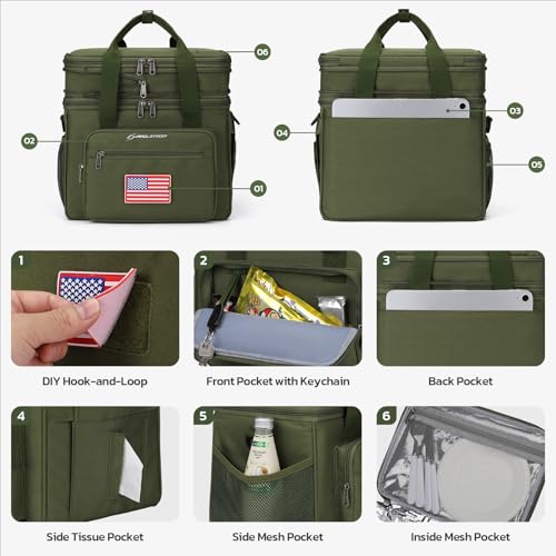 Maelstrom Lunch Box, 23L Insulated Lunch Bag, Expandable Double Deck Cooler Bag, Lightweight Leakproof Tote Bag With Side Tissue Pocket, Suit For Men and Women (G.Army Green with DIY Hook-and-Loop) - color: G.Army Green with DIY Hook-and-Loop