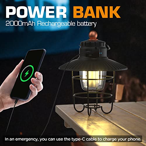 EverBrite LED Camping Lantern, USB C Rechargeable Lantern with 3 Light Modes, Vintage Outdoor Lanterns with Power Bank Function for Power Outages, Hurricane, Emergency, Fishing - color: Black