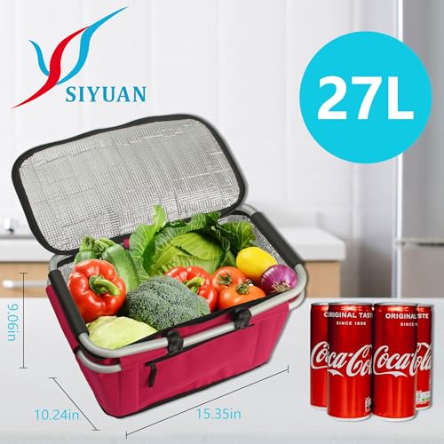 Picnic Basket, SIYUAN 27L Collapsible Insulated Farmers Market Basket for Shopping Traveling Large Grocery Tote Bag with Handles Red - color: Red