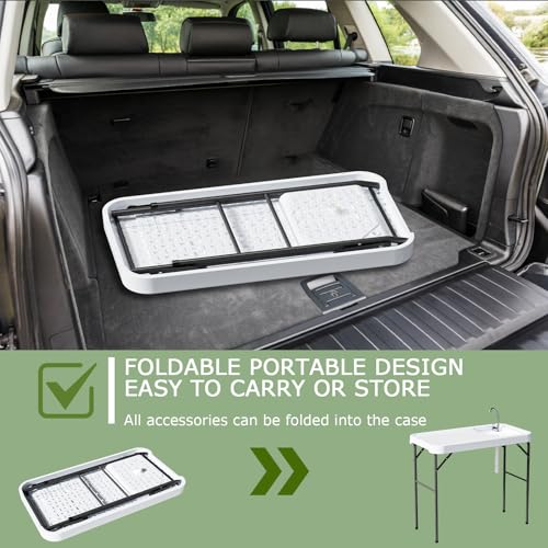 Folding Fish Cleaning Table with Sink, Portable Camping Sink Table with Measure Mark, Drainage Hose and Knife Groove, Outdoor Fish Fillet Cleaning Station for Picnic Fishing, White - color: Off White