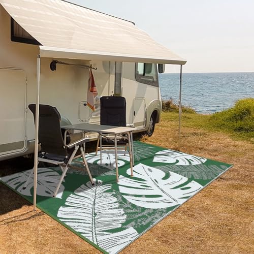 GarveeLife Large Outdoor Rug 9x18 Waterproof Outdoor Plastic Straw Rug, Reversible Patio Rugs Modern Camping Mat with Portable Bag & Stakes, Foldable & UV Resistant Carpet for Yard Deck, Green - color: Leaf|green&white, size: 9' x 18' (Rectangular)