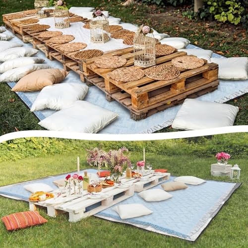 Hahafelt Extra Large Outdoor Picnic Blanket Oversize Beach Woven Cotton Yarn Blanket with Fringe Machine Washable Sandproof Portable for Spring Summer Camping Beach Park(Blue) - color: Blue