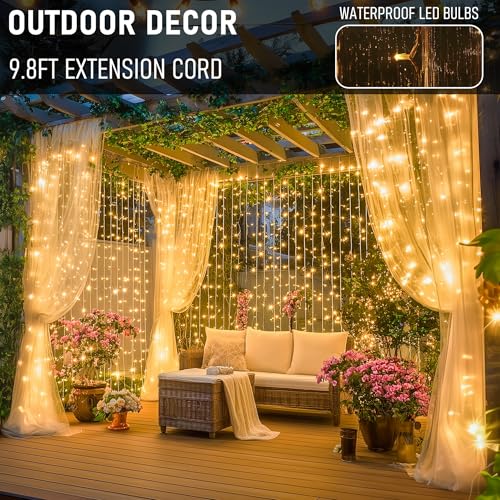 Dazzle Bright 300 LED Curtain Lights, Plug in Fairy Curtain Lights for Bedroom, Christmas Hanging String Lights Outdoor for Window Backdrop Wall Wedding Patio Indoor Dorm Party Decor, Warm White - color: Warm White