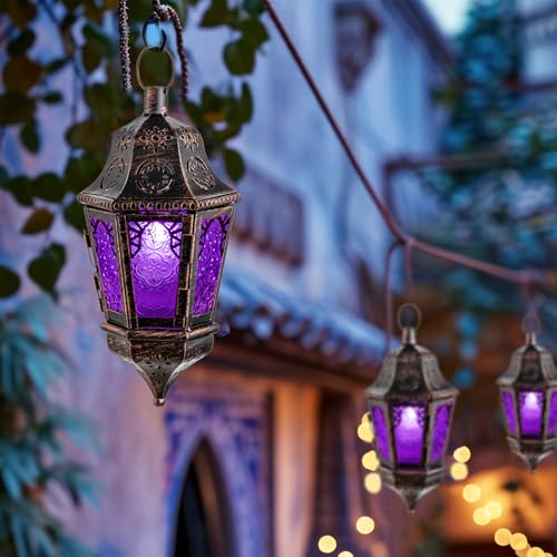 Moroccan Decorations Indoor, 13.6’’ Lantern Decorative Outdoor, Halloween Style Hanging Lantern with Chian for Home Porch Patio Decor, Vintage Metal Christmas Ramadan Candle Holders(Purple) - color: Purple