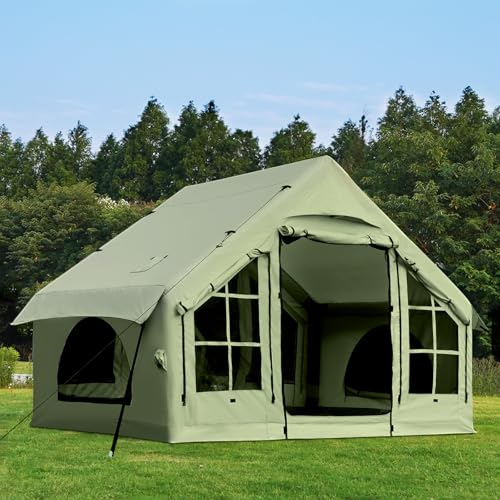KNUO Inflatable Camping Tent, Large Blow-Up Air Tent, No Assembly Needed Luxury Glamping House, Oxford Fabric - color: Field Green-Dual-layer Doors, size: 10x7.2ft