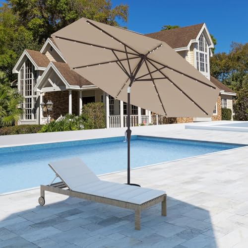 9FT Patio Umbrella with Solar Lights,Outdoor Market Umbrella with Tilt and Crank, LED Lighted Table Umbrella for Garden,Deck,Backyard,Pool,Beach (Beige) - color: Beige