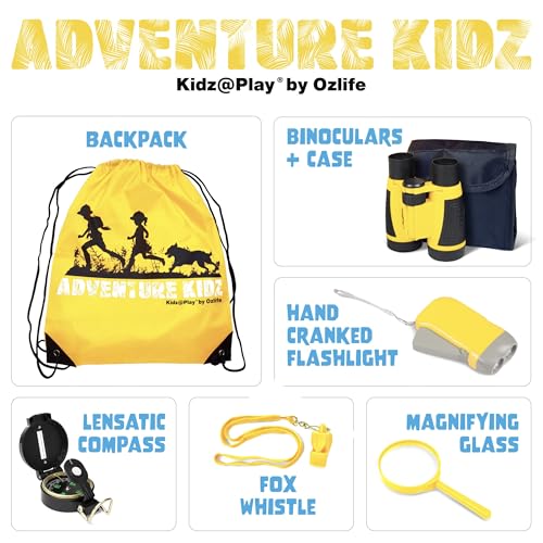 Adventure Kidz Outdoor Exploration Kit, Children’s Binoculars, Flashlight, Compass, Fox Whistle, Magnifying Glass, Backpack. Great Gift Set for STEM, Pretend Play - color: Yellow