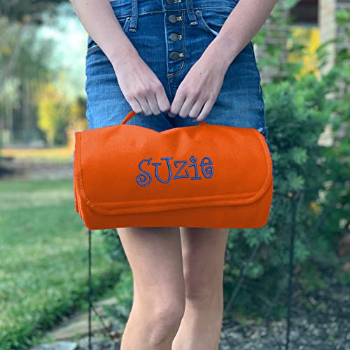 Threadart Personalized Embroidered Portable Blanket with Carrying Strap | Monogrammed Customized Travel Sports Stadium | Soft Fleece | 58in x 48in - Orange | for Picnic, Outdoor Blanket
