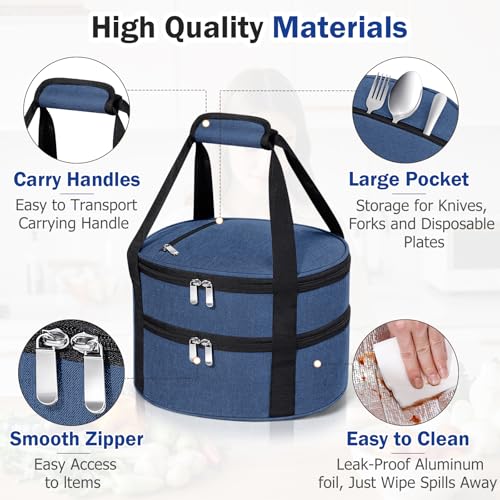 Round Double Insulated Casserole Carrier – 12" Portable Pie Carrier Bag for Hot or Cold Food, Leakproof Thermal Lunch Tote with Handle for Parties Picnic & Travel - Navy Blue - color: Navy Blue, size: Double