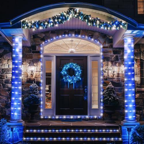 JMEXSUSS 200 LED Solar Rope Lights for Christmas Decor, 72ft IP 65 Outdoor Waterproof Christmas Rope Lights with 8 Modes, Blue and White Solar Christmas Lights for Fence Yard Walkway Christmas - color: Blue and White, size: 200 LED