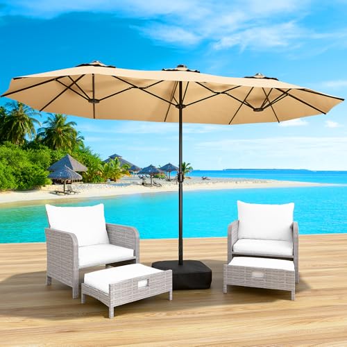 LEVELEVE 15FT Double-Sided Patio Umbrella with Base Included, Large Outdoor Rectangular Market Umbrella for Backyard, Poolside, Lawn & Garden, Khaki - color: Khaki, size: 15FT
