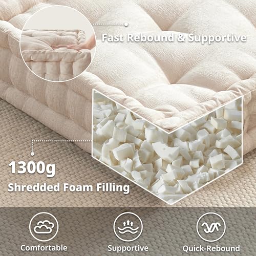 Intelligent Design Large Floor Pillow for Adults Yoga or Meditation Cushion with Handle, Floor Cushion for Board Games, Lustrous Chenille Tufted, Handsewn Scalloped Edge, Azza, 24" x 24" x 5" Ivory - color: Square Ivory With Handle, size: 24"W x 24"L x 5"