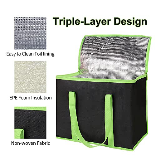 Bodaon 4-Pack Insulated Pizza Delivery Bags, X-Large Reusable Grocery Shopping Bags, Black with Green Edge - color: Black-green Edge, size: X-Large