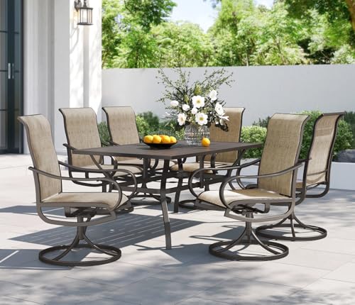 PHI VILLA 7 PCS Patio Dining Set, Rectangle Metal Table with 1.57" Umbrella Hole and 6 High Back Textilene Swivel Chairs, Suitable for All Weather - color: Brown Fabric, size: 60"L x 38"W x 28"H-7 Piece-Metal