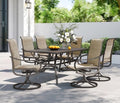 PHI VILLA 7 PCS Patio Dining Set, Rectangle Metal Table with 1.57" Umbrella Hole and 6 High Back Textilene Swivel Chairs, Suitable for All Weather - color: Brown Fabric, size: 60"L x 38"W x 28"H-7 Piece-Metal