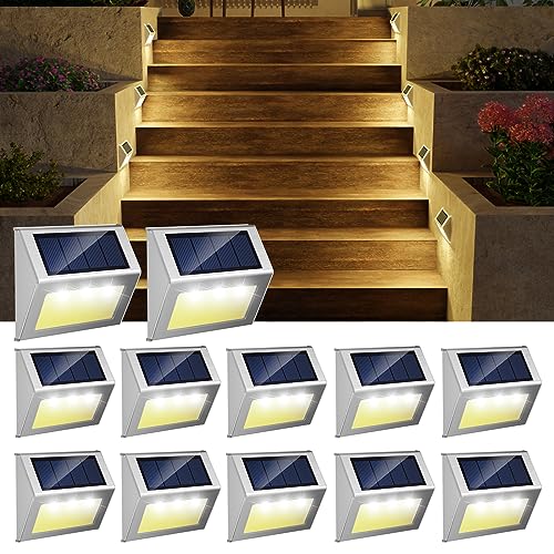 JSOT 12 Pack Solar Lights Outdoor Waterproof for Stairs - Solar Deck Lights Stainless Steel Step Fence Patio Post Wall Lamp for Garden Pathway Walkway LED Decor Light(Warm Light) - color: Warm White-12Pack