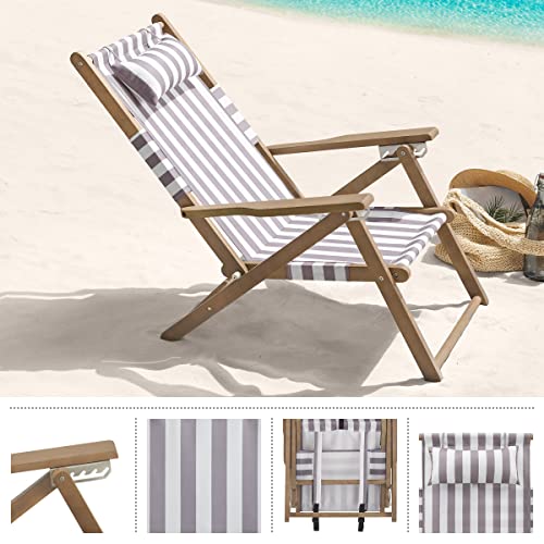 Lavish Home Beach Chair - Outdoor Weather-Resistant Wood Folding Chair with Backpack Straps - 4-Position Reclining Seat - Beach Essentials (Taupe Stripe) - color: Taupe Stripe, style: Set of 1