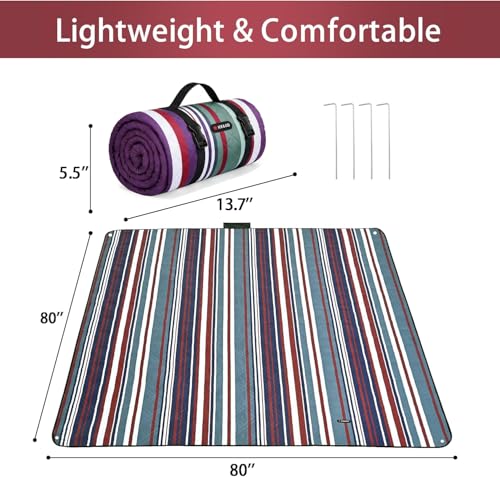HX&OD Outdoor Picnic Blanket Extra Large, 80''*80'' Waterproof Picnic Mat with Stakes Foldable Camping Blanket Portable with Carry Strap for Beach Mat (Red, 80''*80'') - color: Red, size: 6'8" x 6'8" (Square)
