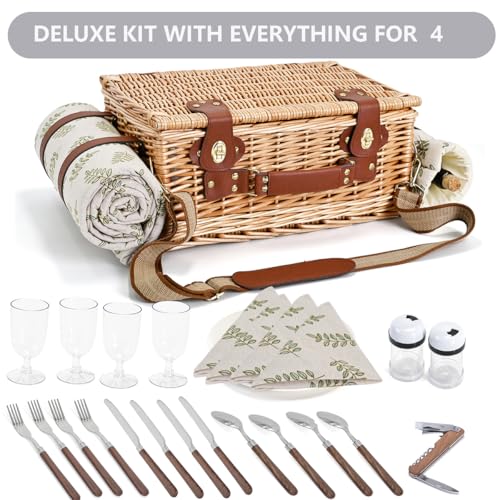 Picnic Basket with Blanket and Wine Pouch for 4, Wicker Picnic Set with Insulated Liner Cooler Bag Hamper for Camping,Wedding - Leaf - color: Leaf With Blanket for 4