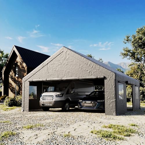 COSIEST 20'×20' Storage Shelter Outdoor Gable Roof Carport with Removable Side Walls, Heavy-Duty Garage Canopy Weatherproof PE Cover, Multi-Purpose Vehicle, Tractor Shed for Backyard, Driveway (Gray) - color: Gray, size: 20X20 FT Gable Top