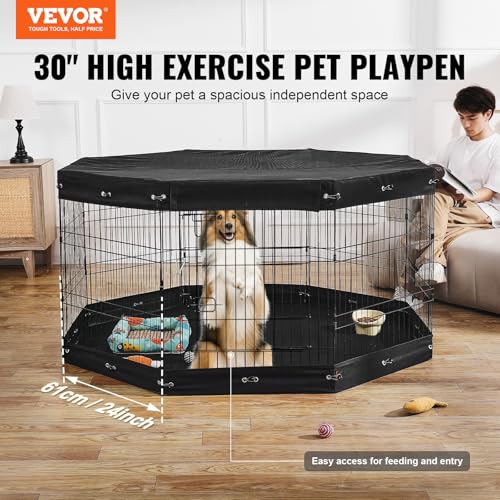 VEVOR Dog Playpen, 8 Pcs 30" H x 24" W Panels Foldable Metal Pet Exercise Pen, Dog Fence Indoor and Outdoor Pen with Door, Bottom Pad and Top Cover, Pet Playpen for Dogs, Cats, Other Small Animals - size: 8 Panels 30*24in, style: Playpen + Top Cover & Bot