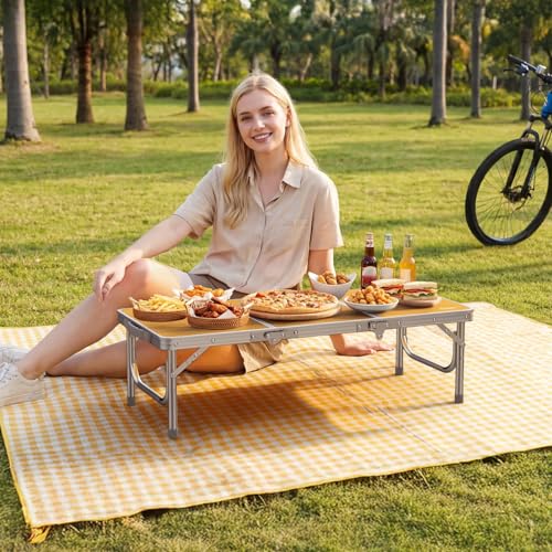 Anbte 34.2" x 15.7" Low Folding Picnic Table, 10.3" Height Thicker Aluminum Small Camping Table with Storage Bag, Portable Handle, Lightweight, for Camping Beach Party Picnic Floor, Yellow - color: Yellow, size: 34.2" x 15.7" x 10.3"
